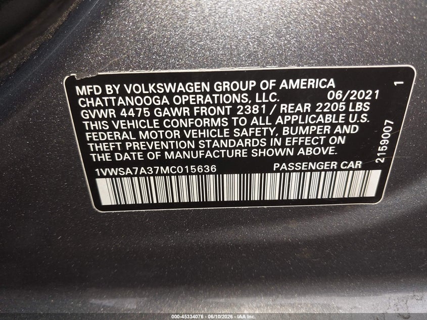 2021 Volkswagen Passat VIN 1VWSA7A37MC015636 IAAI salvage auction — FRONT END, Salvage (New Jersey), sold $25 on 2026-07-29 (photo 9)