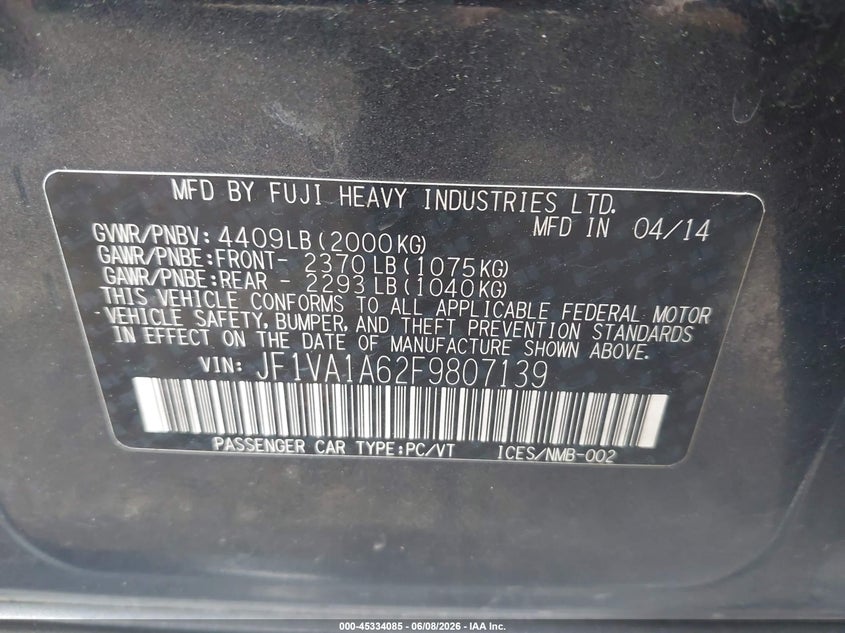 2015 Subaru Wrx VIN JF1VA1A62F9807139 IAAI salvage auction — NORMAL WEAR, Clear (Tennessee), sold $3,100 on 2026-07-09 (photo 9)
