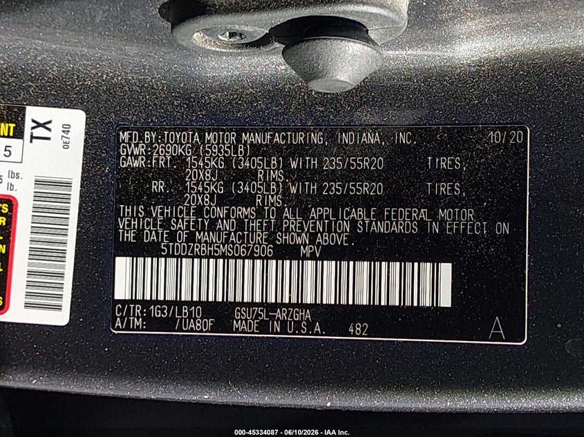 2021 Toyota Highlander VIN 5TDDZRBH5MS067906 IAAI salvage auction — HAIL, Salvage (Illinois), sold $16,450 on 2026-07-14 (photo 9)