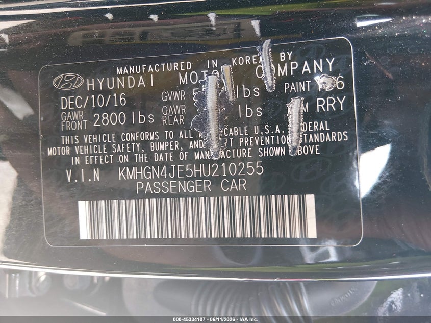 2017 Genesis G80 VIN KMHGN4JE5HU210255 IAAI salvage auction — FRONT END, Salvage Title, sold $3,125 on 2026-07-24 (photo 9)