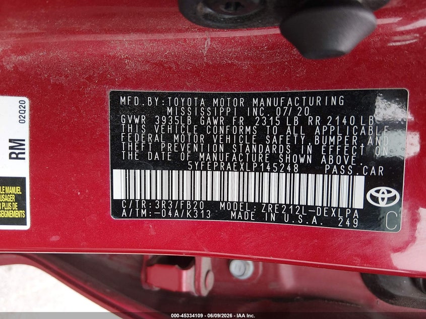 2020 Toyota Corolla VIN 5YFEPRAEXLP145248 IAAI salvage auction — REAR END, Salvage (Utah), sold $4,250 on 2026-07-16 (photo 9)
