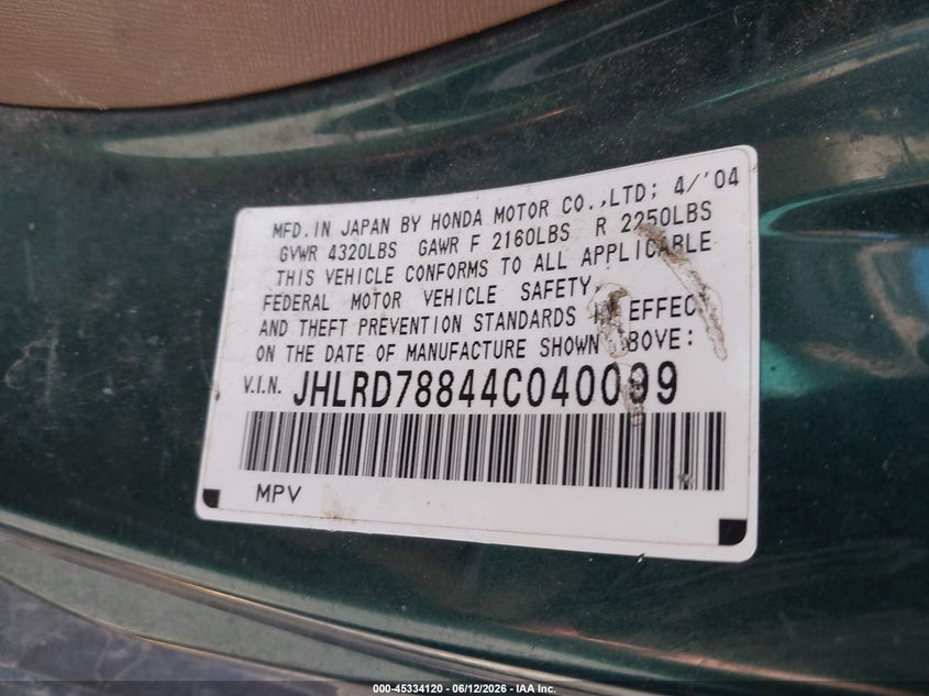 2004 Honda Cr-v VIN JHLRD78844C040099 IAAI salvage auction — NORMAL WEAR, Clear (Michigan), sold $575 on 2026-07-20 (photo 9)