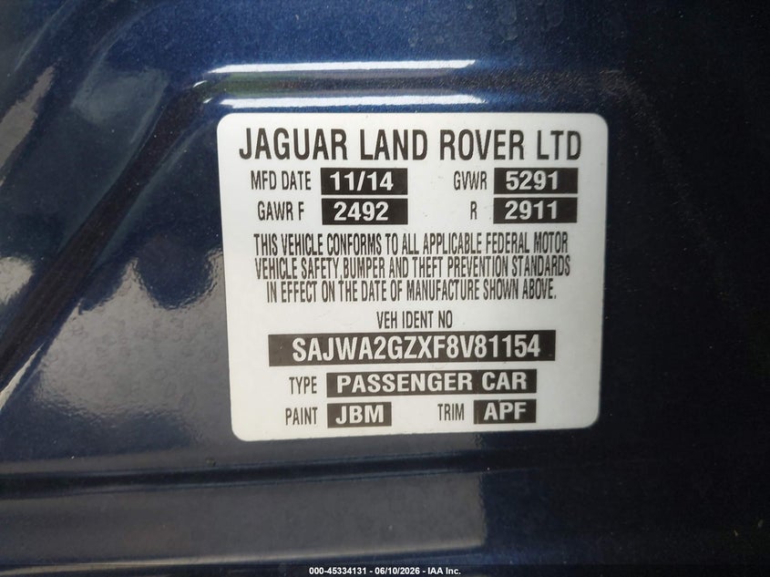 2015 Jaguar Xj VIN SAJWA2GZXF8V81154 IAAI salvage auction — NORMAL WEAR, Clear (Florida), sold $625 on 2026-07-14 (photo 9)