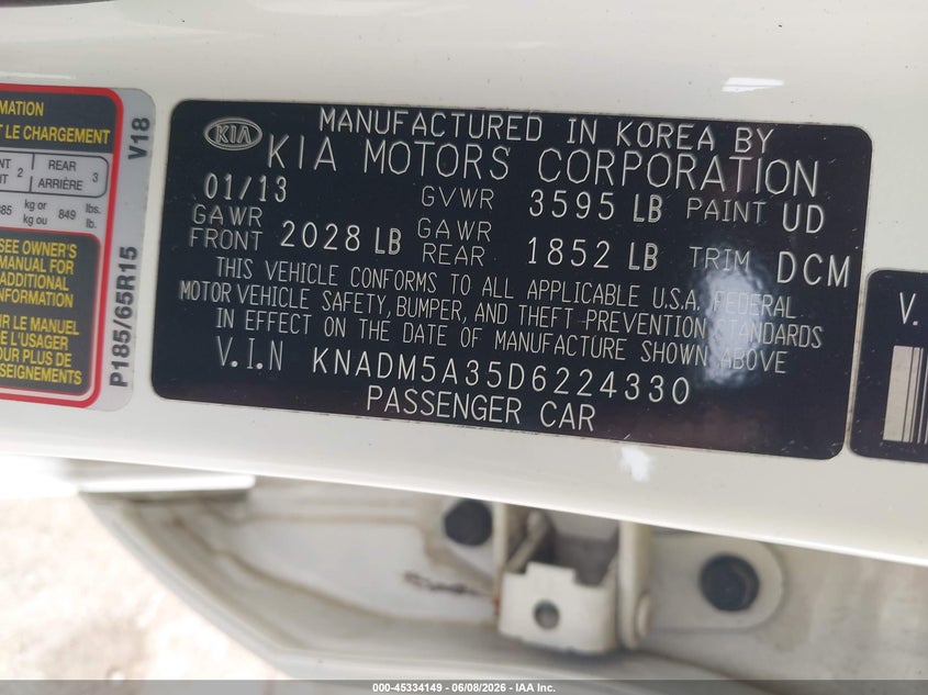 2013 Kia Rio VIN KNADM5A35D6224330 IAAI salvage auction — NORMAL WEAR, Original (Ohio), sold $725 on 2026-07-09 (photo 9)