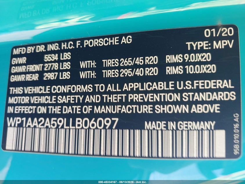 2020 Porsche Macan VIN WP1AA2A59LLB06097 IAAI salvage auction — FRONT END, Original (Texas), sold $12,100 on 2026-07-22 (photo 9)