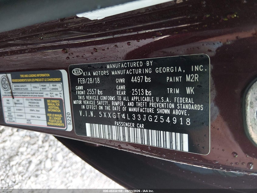 2018 Kia Optima VIN 5XXGT4L33JG254918 IAAI salvage auction — FRONT END, Salvage (Missouri), sold $175 on 2026-07-21 (photo 9)
