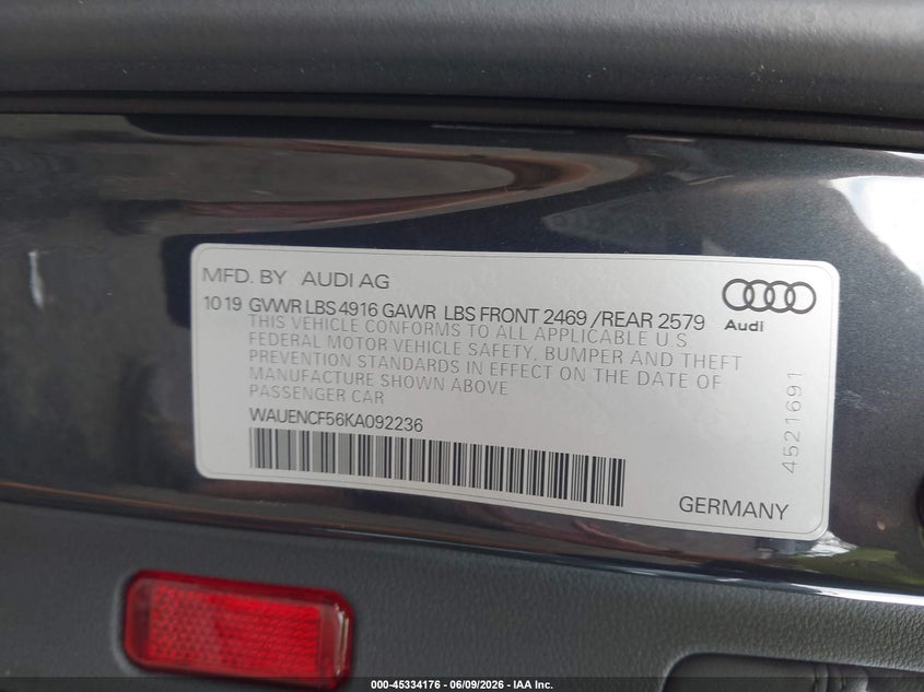 2019 Audi A5 VIN WAUENCF56KA092236 IAAI salvage auction — FRONT END, Salvage Title, sold $8,800 on 2026-07-09 (photo 9)