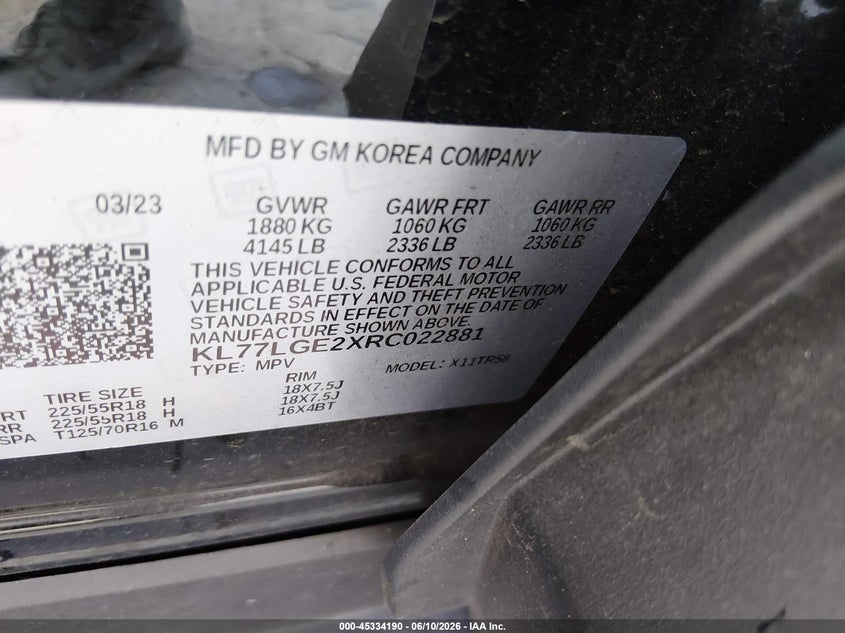 2024 Chevrolet Trax VIN KL77LGE2XRC022881 IAAI salvage auction — RIGHT SIDE, Salvage (North Carolina), sold $7,725 on 2026-07-13 (photo 9)