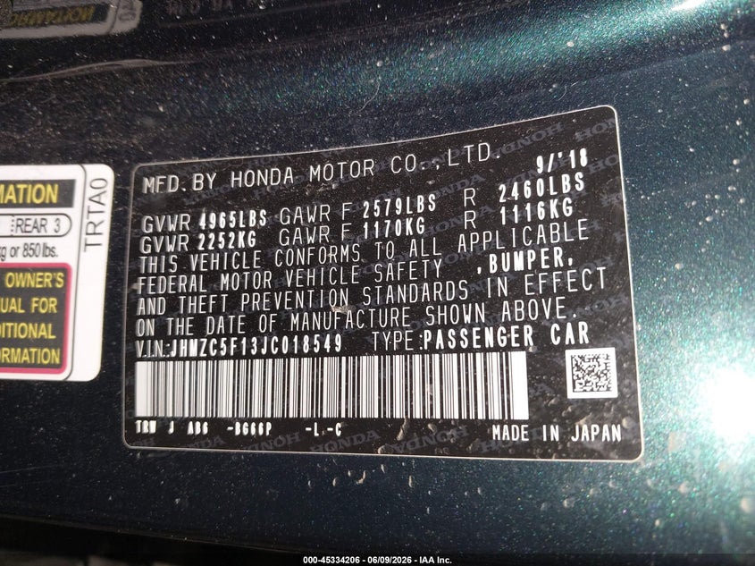 2018 Honda Clarity VIN JHMZC5F13JC018549 IAAI salvage auction — LEFT SIDE, Salvage Title, sold $2,800 on 2026-07-26 (photo 9)
