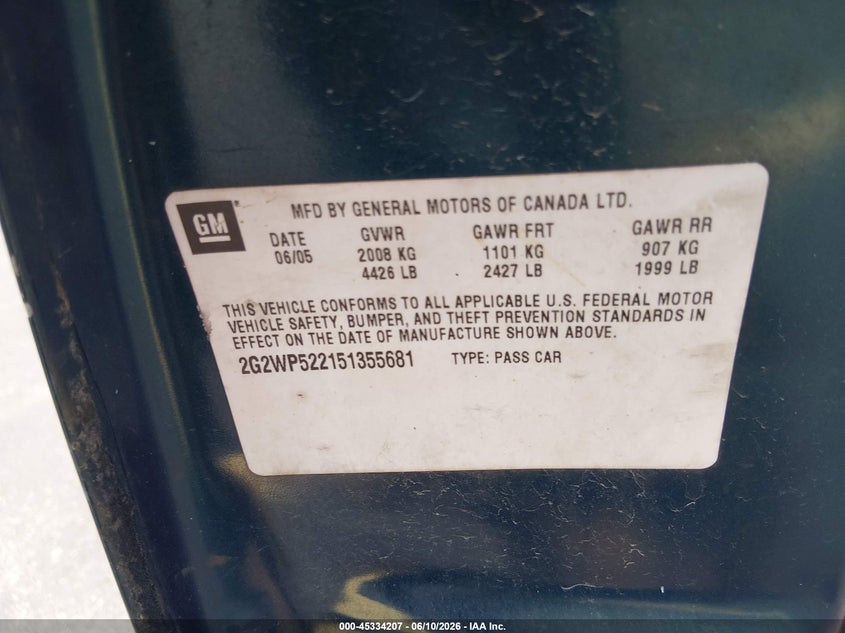 2005 Pontiac Grand prix VIN 2G2WP522151355681 IAAI salvage auction — SIDE, Rebuildable (Florida), sold $375 on 2026-07-09 (photo 9)