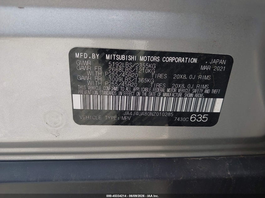 2022 Mitsubishi Outlander VIN JA4J4UA80NZ010285 IAAI salvage auction — UNDERCARRIAGE, Salvage Title, sold $6,700 on 2026-07-17 (photo 9)