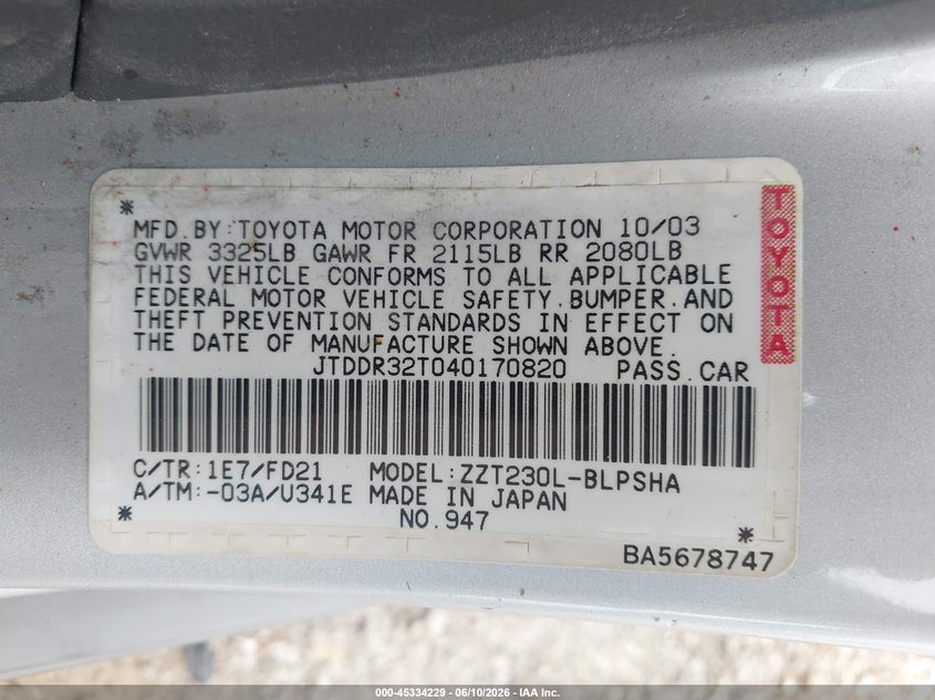 2004 Toyota Celica VIN JTDDR32T040170820 IAAI salvage auction — FRONT END, Salvage (Illinois), sold $225 on 2026-07-15 (photo 9)