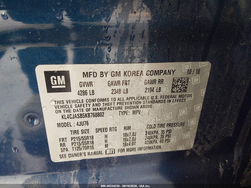 2019 Buick Encore VIN KL4CJASB5KB768802 IAAI salvage auction — FRONT END, Salvage (North Carolina), sold $1,025 on 2026-07-15 (photo 9)