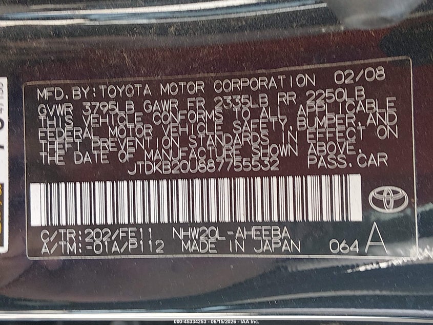 2008 Toyota Prius VIN JTDKB20U887755532 IAAI salvage auction — NORMAL WEAR, Original (Kentucky), sold $525 on 2026-07-22 (photo 9)