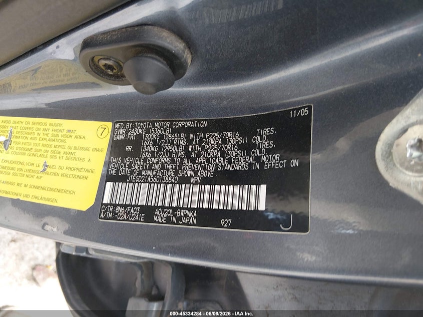 2006 Toyota Highlander VIN JTEGD21A560138840 IAAI salvage auction — LEFT SIDE, Junk (Oklahoma), sold $500 on 2026-07-28 (photo 9)