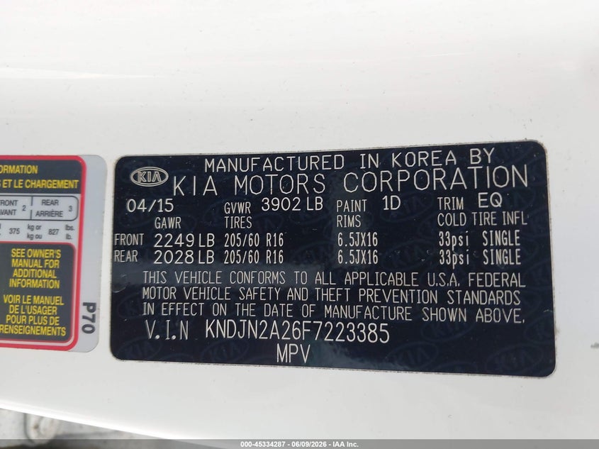 2015 Kia Soul VIN KNDJN2A26F7223385 IAAI salvage auction — FRONT END, Salvage Title, sold $675 on 2026-07-20 (photo 9)