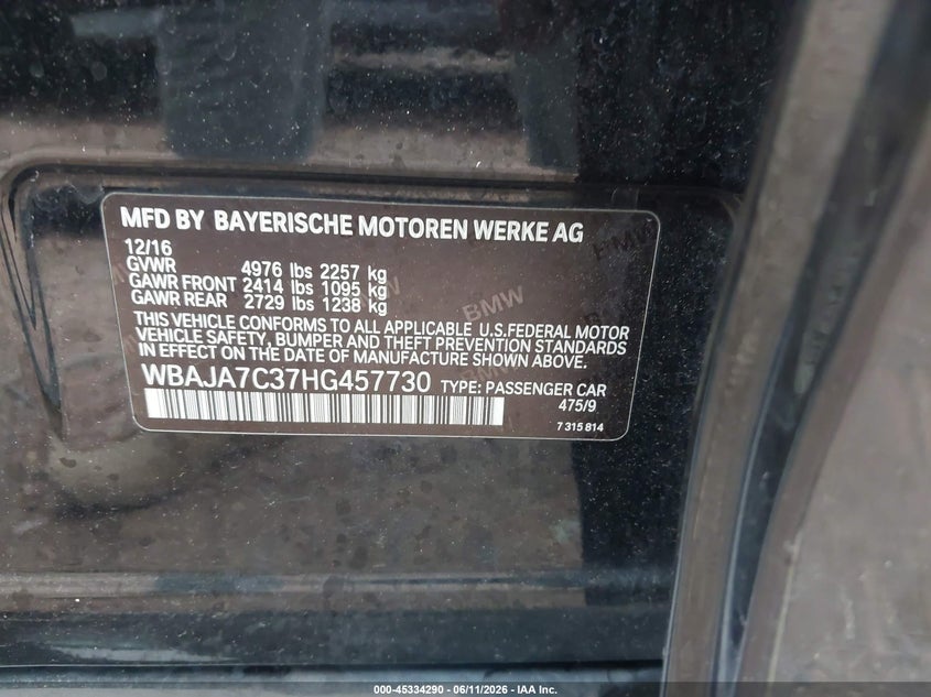 2017 BMW 5er VIN WBAJA7C37HG457730 IAAI salvage auction — RIGHT SIDE, Clear (Wisconsin), sold $4,950 on 2026-07-15 (photo 9)