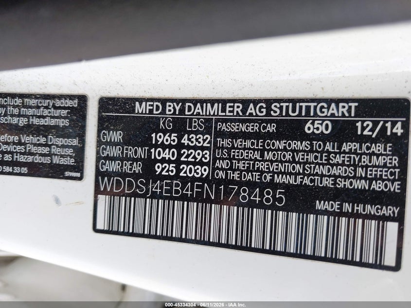 2015 Mercedes-benz Cla-klasse VIN WDDSJ4EB4FN178485 IAAI salvage auction — ROOF, Salvage Title, sold $1,200 on 2026-07-30 (photo 9)