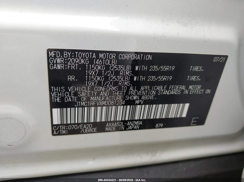 2021 Toyota Rav 4 VIN JTMC1RFVXMD081234 IAAI salvage auction — FRONT END, Salvage Title, sold $8,600 on 2026-07-27 (photo 9)