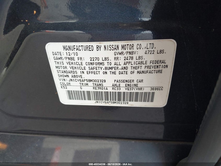 2011 Infiniti G37 VIN JN1CV6AP5BM302329 IAAI salvage auction — LEFT REAR, Rebuildable (Florida), sold $1,150 on 2026-07-15 (photo 9)