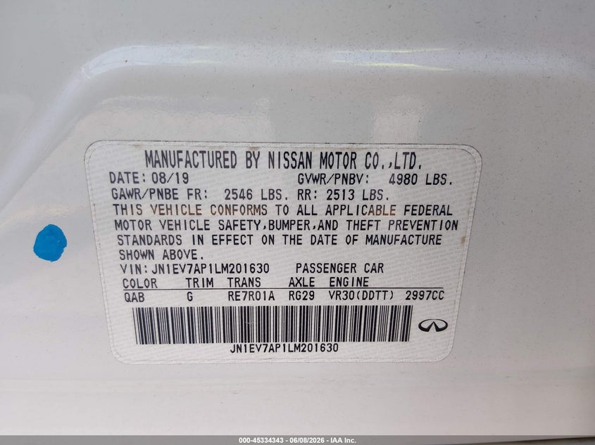 2020 Infiniti Q50 VIN JN1EV7AP1LM201630 IAAI salvage auction — REAR END, Salvage (South Carolina), sold $7,950 on 2026-08-05 (photo 9)
