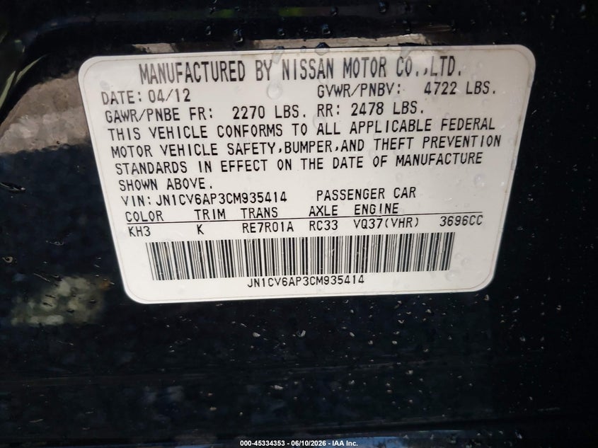 2012 Infiniti G VIN JN1CV6AP3CM935414 IAAI salvage auction — FRONT END, Salvage (Georgia), sold $650 on 2026-07-17 (photo 9)