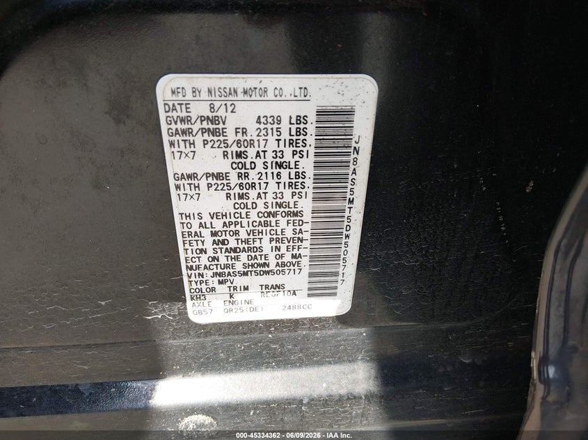 2013 Nissan Rogue VIN JN8AS5MT5DW505717 IAAI salvage auction — FRONT END, Salvage Title, sold $275 on 2026-07-17 (photo 9)