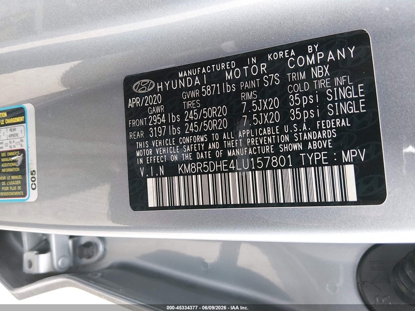 2020 Hyundai Palisade VIN KM8R5DHE4LU157801 IAAI salvage auction — RIGHT FRONT, Salvage (Texas), sold $5,500 on 2026-07-29 (photo 9)
