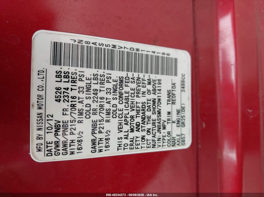 2013 Nissan Rogue VIN JN8AS5MV7DW114196 IAAI salvage auction — FRONT END, Salvage Title, sold $475 on 2026-07-07 (photo 9)