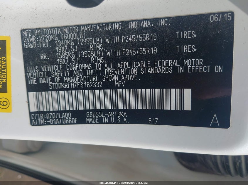 2015 Toyota Highlander VIN 5TDDKRFH7FS182332 IAAI salvage auction — FRONT END, Salvage (Missouri), sold $9,250 on 2026-07-15 (photo 9)