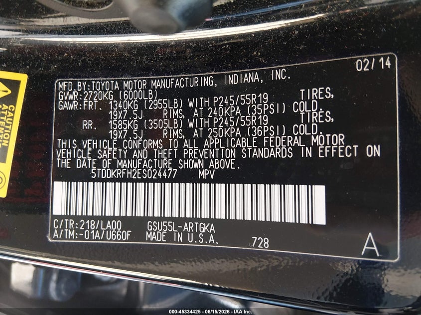 2014 Toyota Highlander VIN 5TDDKRFH2ES024477 IAAI salvage auction — HAIL, Salvage (Ohio), sold $7,650 on 2026-07-14 (photo 9)