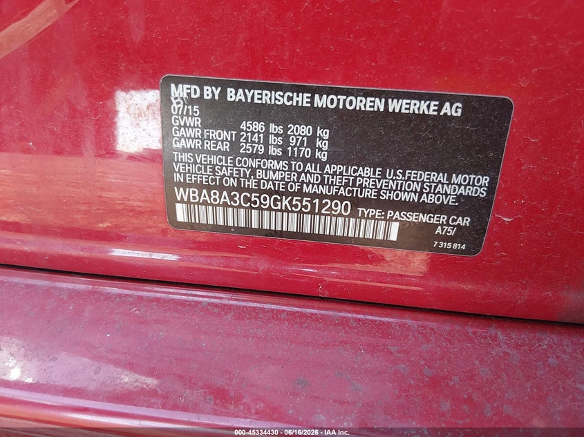 2016 BMW 3er VIN WBA8A3C59GK551290 IAAI salvage auction — FRONT END, Salvage (Ohio), sold $450 on 2026-07-15 (photo 9)