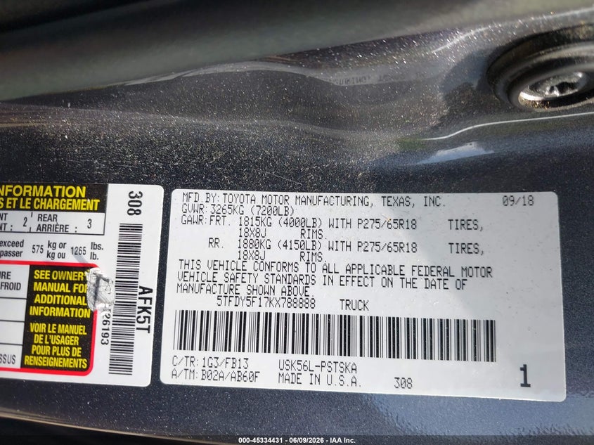2019 Toyota Tundra VIN 5TFDY5F17KX788888 IAAI salvage auction — FRONT END, Salvage Title, sold $7,900 on 2026-07-15 (photo 9)