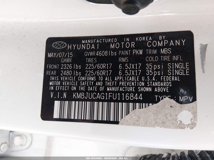 2015 Hyundai Tucson VIN KM8JUCAG1FU116844 IAAI salvage auction — LEFT FRONT, Salvage Title, sold $500 on 2026-07-10 (photo 9)