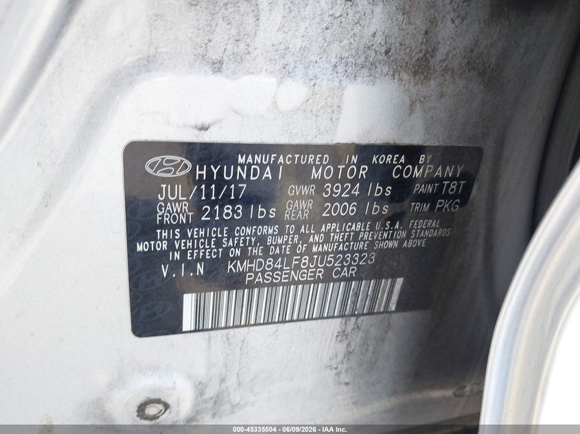 2018 Hyundai Elantra VIN KMHD84LF8JU523323 IAAI salvage auction — FRONT END, Salvage Title, sold $1,650 on 2026-07-08 (photo 9)