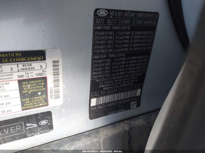 2017 Land rover Discovery VIN SALRHBBK0HA023027 IAAI salvage auction — FRONT END, Salvage Title, sold $4,600 on 2026-07-09 (photo 9)