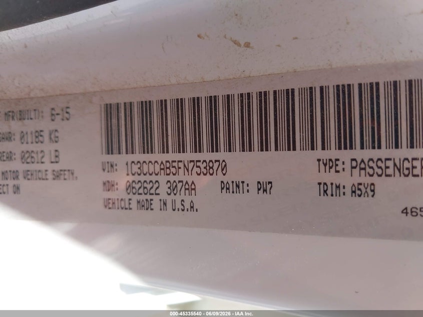 2015 Chrysler 200 VIN 1C3CCCAB5FN753870 IAAI salvage auction — FRONT END, Regular (South Dakota), sold $700 on 2026-07-23 (photo 9)