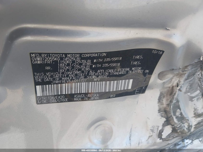 2018 Toyota Rav 4 VIN JTMYFREV8JJ211727 IAAI salvage auction — SIDE, Salvage Title, sold $5,400 on 2026-07-30 (photo 9)