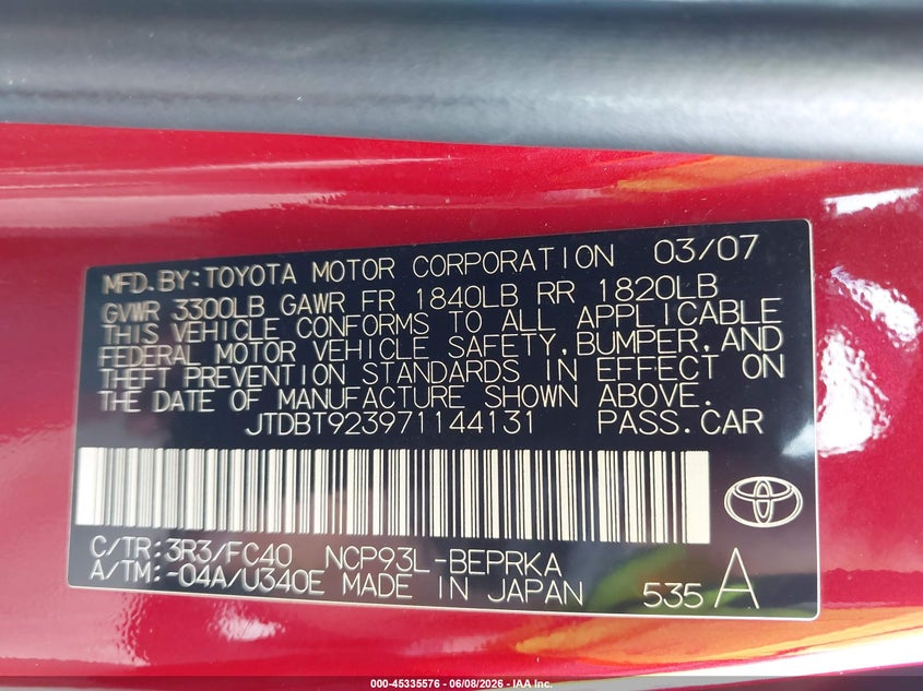 2007 Toyota Yaris VIN JTDBT923971144131 IAAI salvage auction — NORMAL WEAR, Clear (Virginia), sold $1,300 on 2026-07-17 (photo 9)
