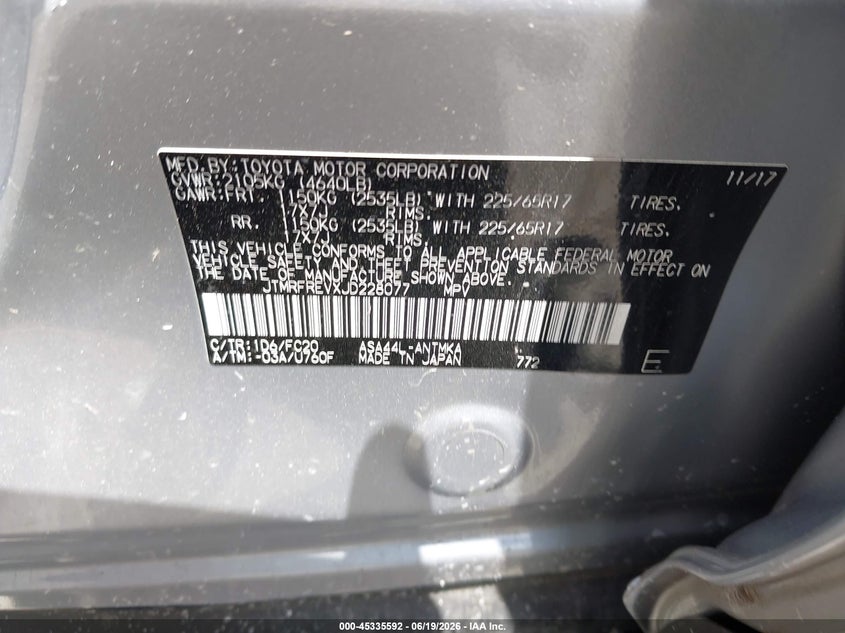 2018 Toyota Rav 4 VIN JTMRFREVXJD228077 IAAI salvage auction — ALL OVER, Salvage (Virginia), sold $3,000 on 2026-07-07 (photo 9)
