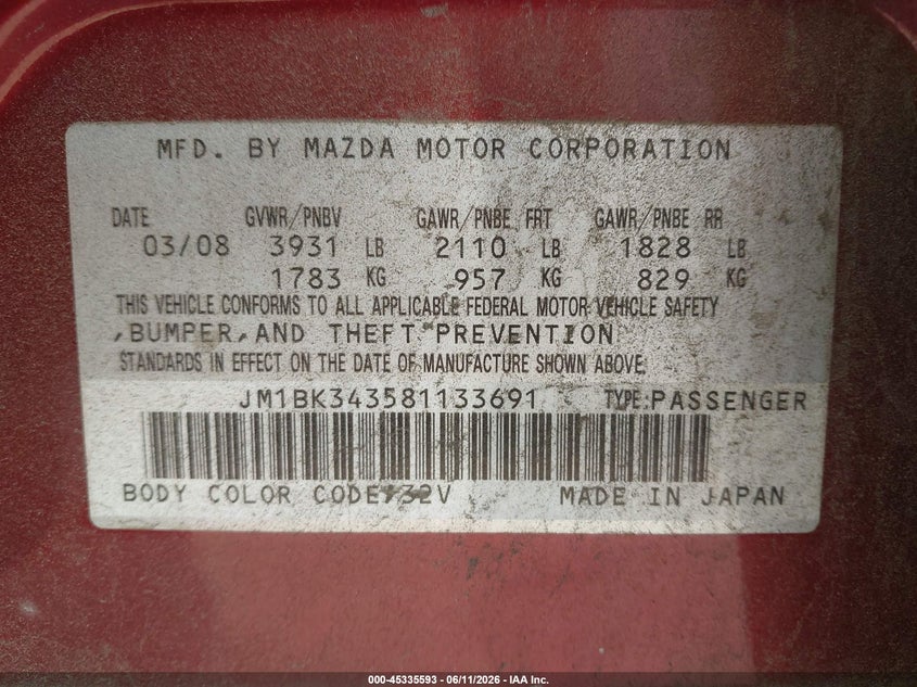 2008 Mazda 3 VIN JM1BK343581133691 IAAI salvage auction — RIGHT FRONT, Salvage (North Carolina), sold $300 on 2026-07-20 (photo 9)