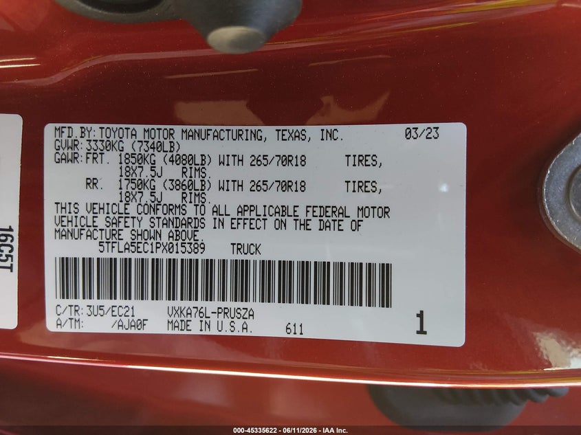 2023 Toyota Tundra VIN 5TFLA5EC1PX015389 IAAI salvage auction — FRONT END, Salvage Title, sold $525 on 2026-07-29 (photo 9)