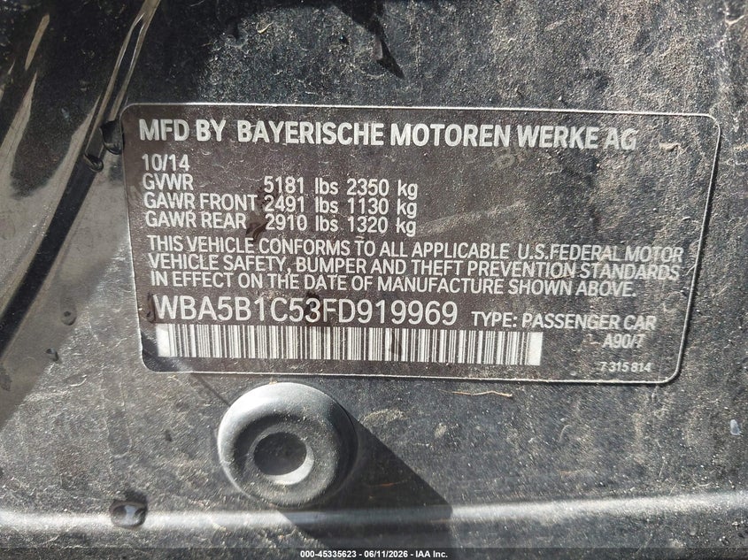 2015 BMW 5er VIN WBA5B1C53FD919969 IAAI salvage auction — LEFT FRONT, Clear (Oklahoma), sold $1,400 on 2026-07-22 (photo 9)