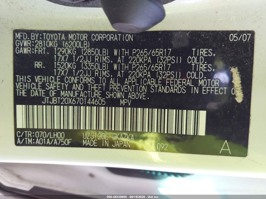 2007 Lexus Gx 470 VIN JTJBT20X670144605 IAAI salvage auction — NORMAL WEAR, Clear (New Jersey), sold $2,000 on 2026-07-21 (photo 9)