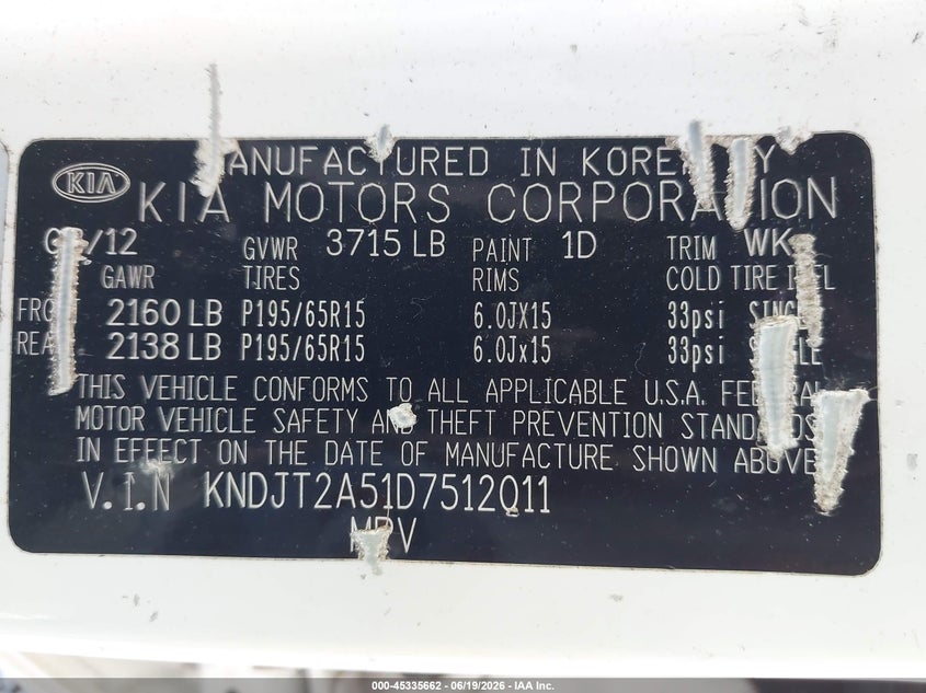 2013 Kia Soul VIN KNDJT2A51D7512011 IAAI salvage auction — FRONT END, Bill Of Sale (Washington), sold $375 on 2026-07-08 (photo 9)