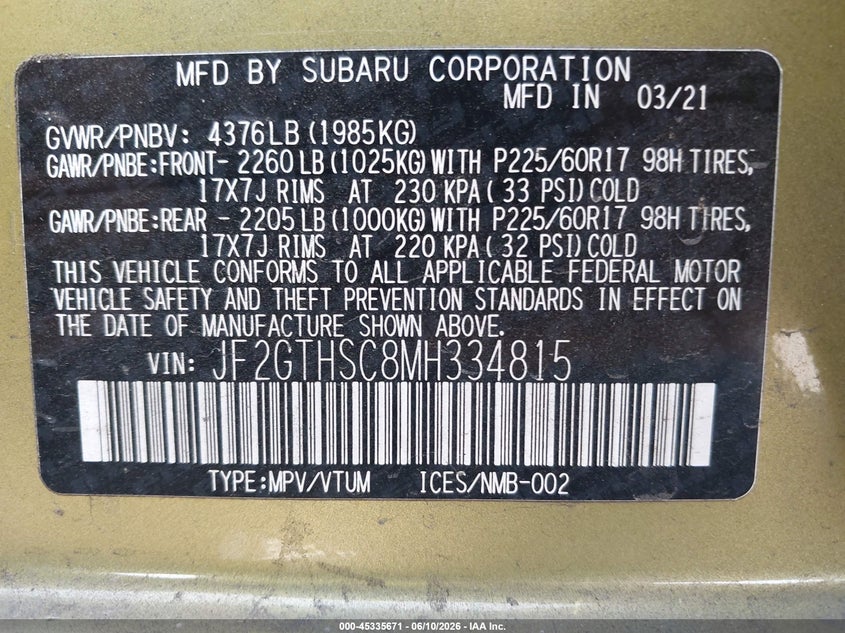 2021 Subaru Xv VIN JF2GTHSC8MH334815 IAAI salvage auction — RIGHT FRONT, Salvage Title, sold $3,850 on 2026-07-13 (photo 9)