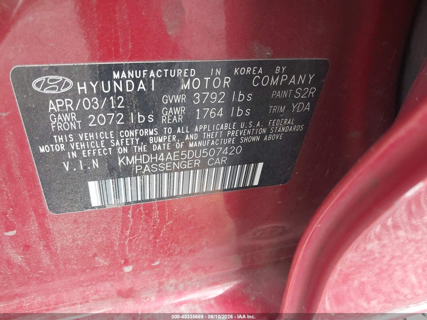 2013 Hyundai Elantra VIN KMHDH4AE5DU507420 IAAI salvage auction — REPOSSESSION, Nrc Lienholder Repossession Paperwork (South Carolina), sold $600 on 2026-07-14 (photo 9)
