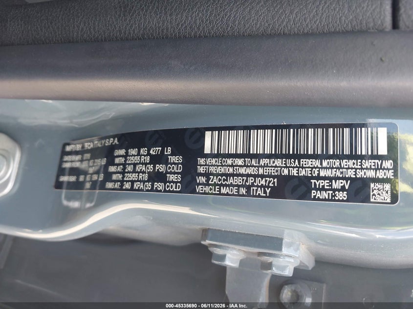 2018 Jeep Renegade VIN ZACCJABB7JPJ04721 IAAI salvage auction — FRONT END, Salvage (Georgia), sold $1,350 on 2026-07-07 (photo 9)