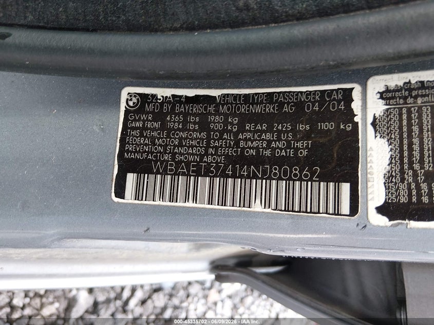 2004 BMW 3 series VIN WBAET37414NJ80862 IAAI salvage auction — SIDE, Salvage (South Carolina), sold $375 on 2026-07-07 (photo 9)