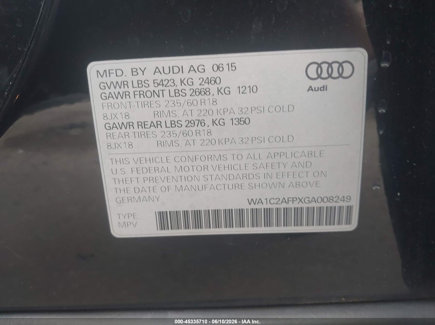 2016 Audi Q5 VIN WA1C2AFPXGA008249 IAAI salvage auction — RIGHT FRONT, Salvage (Idaho), sold $2,675 on 2026-07-16 (photo 9)